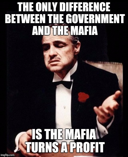 mafia don corleone | THE ONLY DIFFERENCE BETWEEN THE GOVERNMENT AND THE MAFIA; IS THE MAFIA TURNS A PROFIT | image tagged in mafia don corleone | made w/ Imgflip meme maker