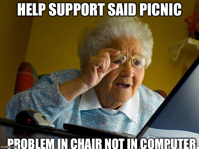 Grandma Finds The Internet Meme | HELP SUPPORT SAID PICNIC PROBLEM IN CHAIR NOT IN COMPUTER | image tagged in memes,grandma finds the internet | made w/ Imgflip meme maker