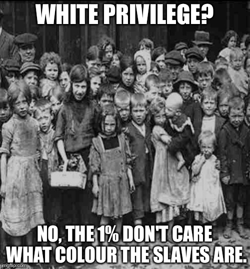 WHITE PRIVILEGE? NO, THE 1% DON'T CARE WHAT COLOUR THE SLAVES ARE. | image tagged in privilege,white privilege,1,slavery,slaves | made w/ Imgflip meme maker