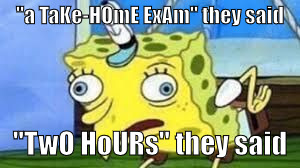 Mocking Spongebob | "a TaKe-HOmE ExAm" they said; "TwO HoURs" they said | image tagged in spongebob mock | made w/ Imgflip meme maker