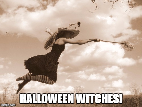 HALLOWEEN WITCHES! | HALLOWEEN WITCHES! | image tagged in halloween,witch,fly,broom | made w/ Imgflip meme maker