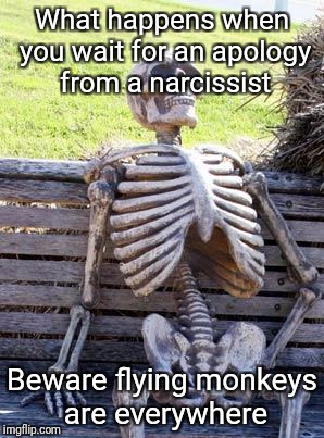 Waiting Skeleton Meme | What happens when you wait for an apology from a narcissist; Beware flying monkeys are everywhere | image tagged in memes,waiting skeleton | made w/ Imgflip meme maker