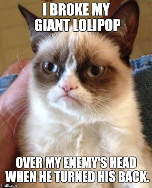 Grumpy Cat Meme | I BROKE MY GIANT LOLIPOP OVER MY ENEMY'S HEAD WHEN HE TURNED HIS BACK. | image tagged in memes,grumpy cat | made w/ Imgflip meme maker