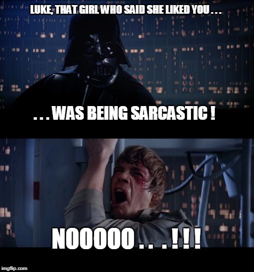 Star Wars No | LUKE, THAT GIRL WHO SAID SHE LIKED YOU . . . . . . WAS BEING SARCASTIC ! NOOOOO . .  . ! ! ! | image tagged in memes,star wars no | made w/ Imgflip meme maker