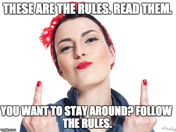 Double middle finger salute | THESE ARE THE RULES. READ THEM. YOU WANT TO STAY AROUND?
FOLLOW THE RULES. | image tagged in double middle finger salute | made w/ Imgflip meme maker