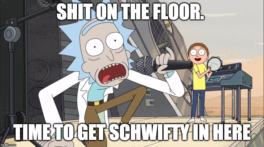 Get Shwifty | SHIT ON THE FLOOR. TIME TO GET SCHWIFTY IN HERE | image tagged in shwifty,rick and morty,cromulon,song,show me what you got | made w/ Imgflip meme maker