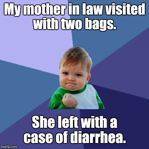 Success Kid Meme | My mother in law visited with two bags. She left with a case of diarrhea. | image tagged in memes,success kid | made w/ Imgflip meme maker