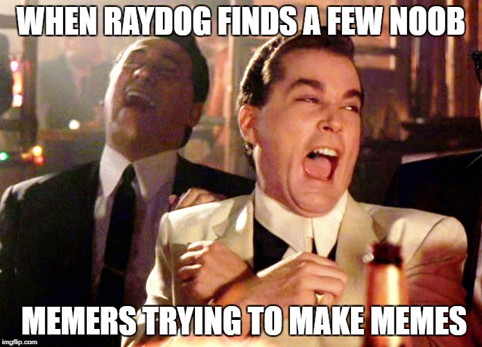 Good Fellas Hilarious Meme | WHEN RAYDOG FINDS A FEW NOOB; MEMERS TRYING TO MAKE MEMES | image tagged in memes,good fellas hilarious | made w/ Imgflip meme maker