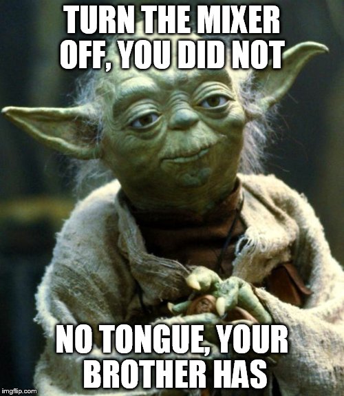 Star Wars Yoda Meme | TURN THE MIXER OFF, YOU DID NOT NO TONGUE, YOUR BROTHER HAS | image tagged in memes,star wars yoda | made w/ Imgflip meme maker
