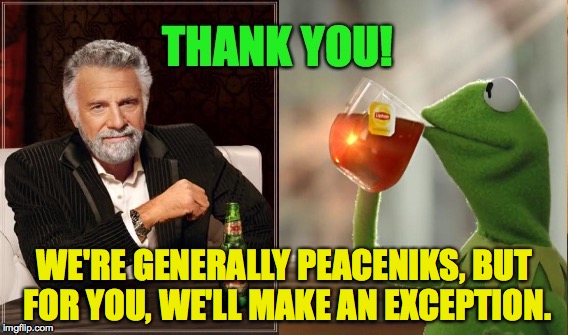 WE'RE GENERALLY PEACENIKS, BUT FOR YOU, WE'LL MAKE AN EXCEPTION. | made w/ Imgflip meme maker