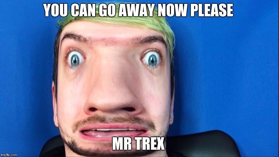 jacksepticeye scared |  YOU CAN GO AWAY NOW PLEASE; MR TREX | image tagged in jacksepticeye scared | made w/ Imgflip meme maker