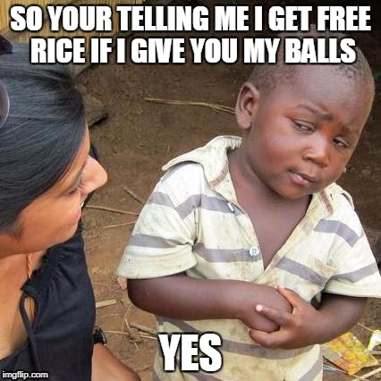 Third World Skeptical Kid | SO YOUR TELLING ME I GET FREE RICE IF I GIVE YOU MY BALLS; YES | image tagged in memes,third world skeptical kid | made w/ Imgflip meme maker