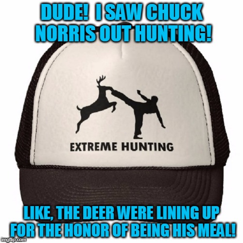 and he carried them out of the woods on his shoulders! | DUDE!  I SAW CHUCK NORRIS OUT HUNTING! LIKE, THE DEER WERE LINING UP FOR THE HONOR OF BEING HIS MEAL! | image tagged in memes,hunting,chuck norris | made w/ Imgflip meme maker