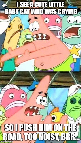 Put It Somewhere Else Patrick Meme | I SEE A CUTE LITTLE BABY CAT WHO WAS CRYING; SO I PUSH HIM ON THE ROAD, TOO NOISY, BRR... | image tagged in memes,put it somewhere else patrick | made w/ Imgflip meme maker