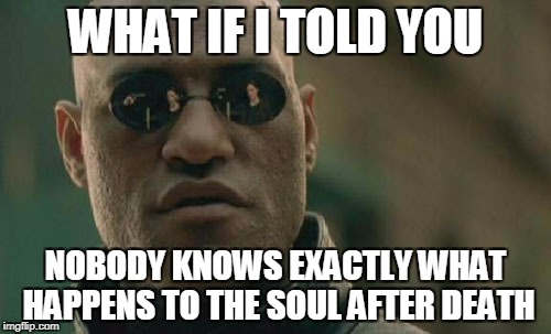 Matrix Morpheus Meme | WHAT IF I TOLD YOU; NOBODY KNOWS EXACTLY WHAT HAPPENS TO THE SOUL AFTER DEATH | image tagged in memes,matrix morpheus | made w/ Imgflip meme maker