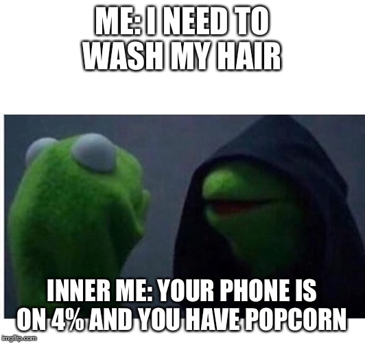 kermit inner me | ME: I NEED TO WASH MY HAIR; INNER ME: YOUR PHONE IS ON 4% AND YOU HAVE POPCORN | image tagged in kermit inner me | made w/ Imgflip meme maker