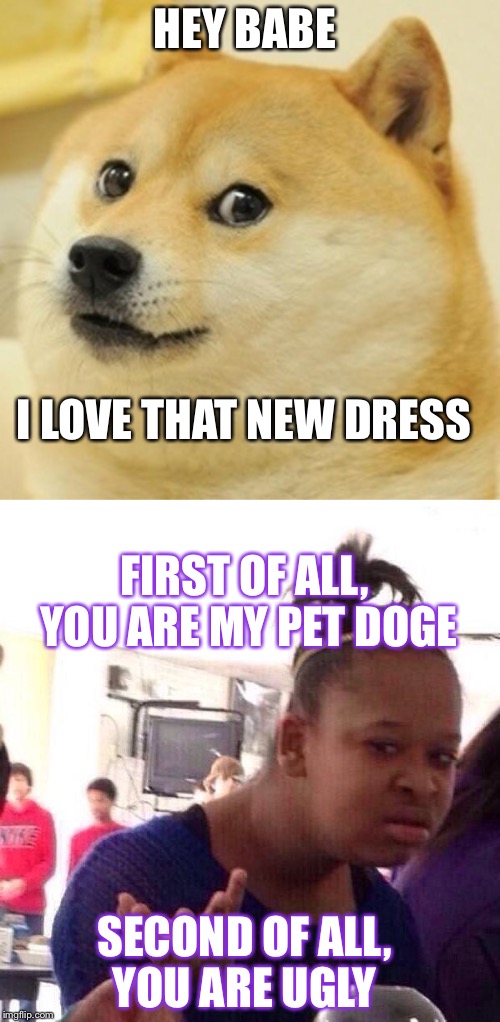 HEY BABE; I LOVE THAT NEW DRESS; FIRST OF ALL, YOU ARE MY PET DOGE; SECOND OF ALL, YOU ARE UGLY | image tagged in memes,lol,ugly | made w/ Imgflip meme maker