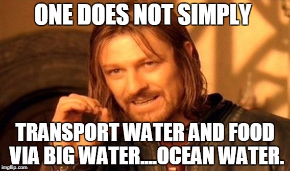 BIG WATER, OCEAN WATER | ONE DOES NOT SIMPLY; TRANSPORT WATER AND FOOD VIA BIG WATER....OCEAN WATER. | image tagged in memes,one does not simply | made w/ Imgflip meme maker
