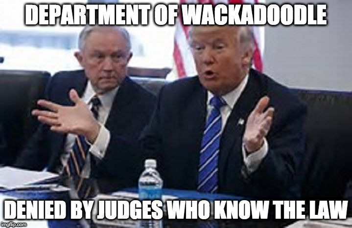 trump sessions  | DEPARTMENT OF WACKADOODLE; DENIED BY JUDGES WHO KNOW THE LAW | image tagged in trump sessions | made w/ Imgflip meme maker