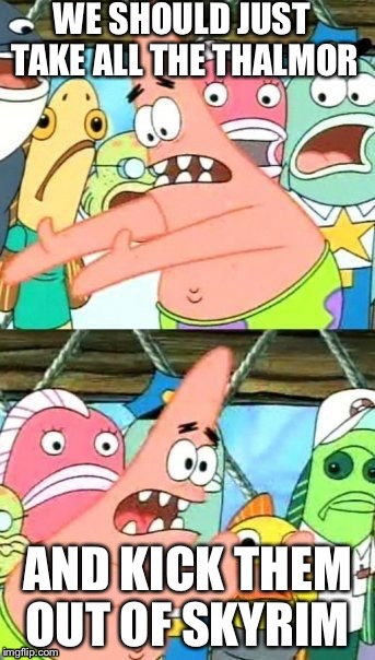 Put It Somewhere Else Patrick Meme | WE SHOULD JUST TAKE ALL THE THALMOR; AND KICK THEM OUT OF SKYRIM | image tagged in memes,put it somewhere else patrick | made w/ Imgflip meme maker