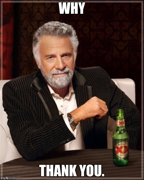The Most Interesting Man In The World Meme | WHY THANK YOU. | image tagged in memes,the most interesting man in the world | made w/ Imgflip meme maker