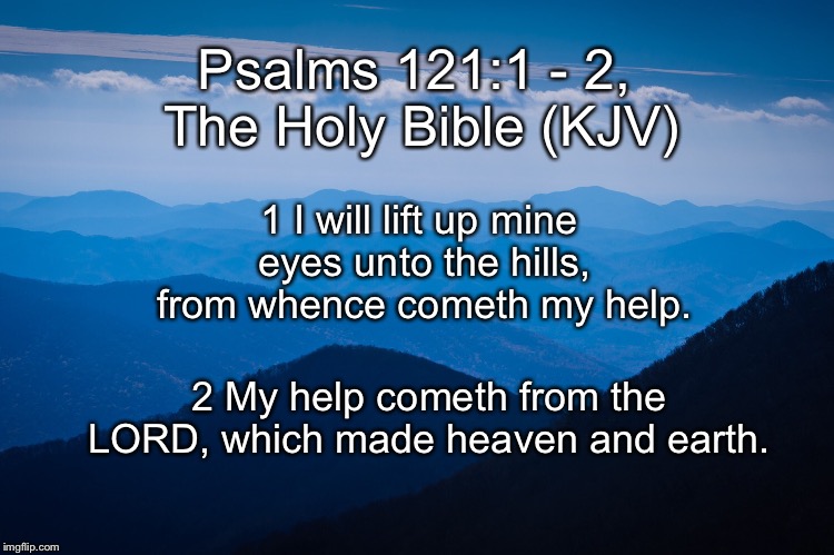 My help cometh from the LORD | Psalms 121:1 - 2, The Holy Bible (KJV); 1 I will lift up mine eyes unto the hills, from whence cometh my help. 2 My help cometh from the LORD, which made heaven and earth. | image tagged in memes,my help,psalm 121 kjv | made w/ Imgflip meme maker