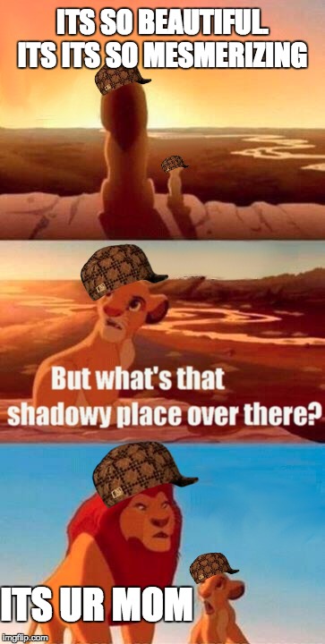 Simba Shadowy Place Meme | ITS SO BEAUTIFUL. ITS ITS SO MESMERIZING; ITS UR MOM | image tagged in memes,simba shadowy place,scumbag | made w/ Imgflip meme maker