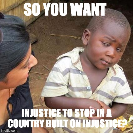 Third World Skeptical Kid | SO YOU WANT; INJUSTICE TO STOP IN A COUNTRY BUILT ON INJUSTICE? | image tagged in memes,third world skeptical kid | made w/ Imgflip meme maker