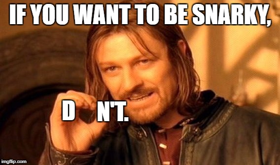 One Does Not Simply Bring Peace Without Shutting Down People Who Want To Be Snarky. | IF YOU WANT TO BE SNARKY, D; N'T. | image tagged in memes,one does not simply,snarky,hate | made w/ Imgflip meme maker