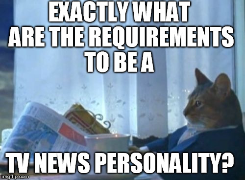 I Should Buy A Boat Cat | EXACTLY WHAT ARE THE REQUIREMENTS TO BE A; TV NEWS PERSONALITY? | image tagged in memes,i should buy a boat cat | made w/ Imgflip meme maker