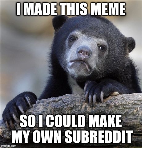 Confession Bear Meme | I MADE THIS MEME; SO I COULD MAKE MY OWN SUBREDDIT | image tagged in memes,confession bear | made w/ Imgflip meme maker