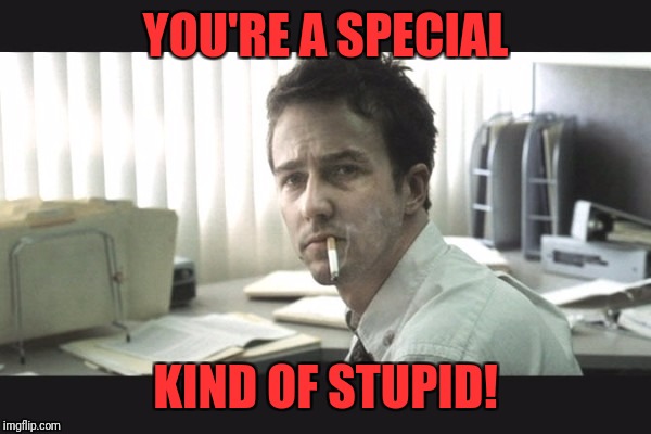 fight club office | YOU'RE A SPECIAL KIND OF STUPID! | image tagged in fight club office | made w/ Imgflip meme maker