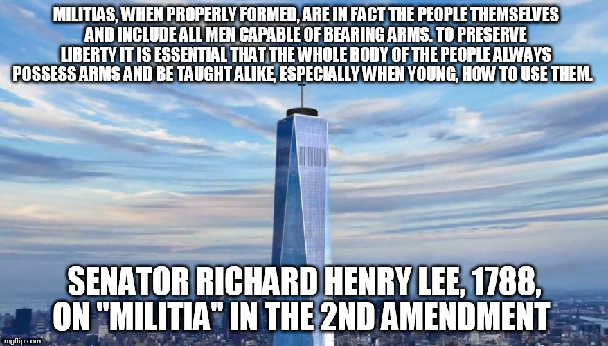 Second Amendment Freedom  | MILITIAS, WHEN PROPERLY FORMED, ARE IN FACT THE PEOPLE THEMSELVES AND INCLUDE ALL MEN CAPABLE OF BEARING ARMS. TO PRESERVE LIBERTY IT IS ESSENTIAL THAT THE WHOLE BODY OF THE PEOPLE ALWAYS POSSESS ARMS AND BE TAUGHT ALIKE, ESPECIALLY WHEN YOUNG, HOW TO USE THEM. SENATOR RICHARD HENRY LEE, 1788, ON "MILITIA" IN THE 2ND AMENDMENT | image tagged in second amendment,gun rights,guns | made w/ Imgflip meme maker