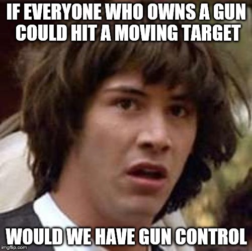 Conspiracy Keanu For The Right Reasons | IF EVERYONE WHO OWNS A GUN COULD HIT A MOVING TARGET; WOULD WE HAVE GUN CONTROL | image tagged in memes,conspiracy keanu,nra,gun control,guns | made w/ Imgflip meme maker