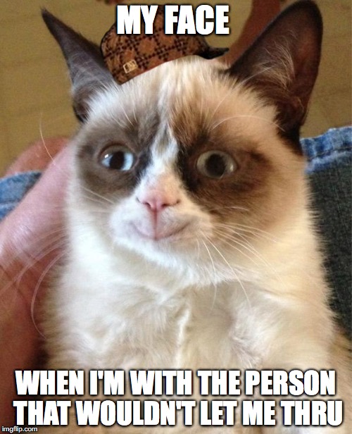 Grumpy Cat Happy | MY FACE; WHEN I'M WITH THE PERSON THAT WOULDN'T LET ME THRU | image tagged in memes,grumpy cat happy,grumpy cat,scumbag | made w/ Imgflip meme maker