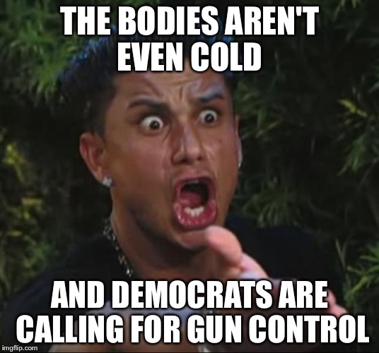 Sad and disgusting  | THE BODIES AREN'T EVEN COLD; AND DEMOCRATS ARE CALLING FOR GUN CONTROL | image tagged in memes,dj pauly d | made w/ Imgflip meme maker