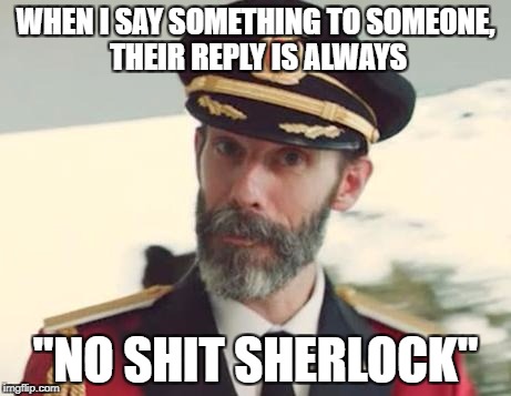 Captain Obvious | WHEN I SAY SOMETHING TO SOMEONE, THEIR REPLY IS ALWAYS; "NO SHIT SHERLOCK" | image tagged in captain obvious | made w/ Imgflip meme maker