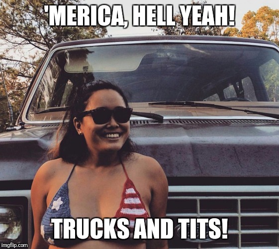 Bikini flag girl | 'MERICA, HELL YEAH! TRUCKS AND TITS! | image tagged in bikini flag girl | made w/ Imgflip meme maker