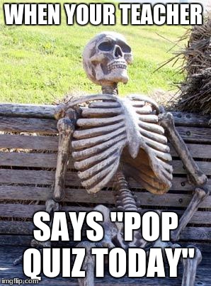 Waiting Skeleton | WHEN YOUR TEACHER; SAYS "POP QUIZ TODAY" | image tagged in memes,waiting skeleton | made w/ Imgflip meme maker