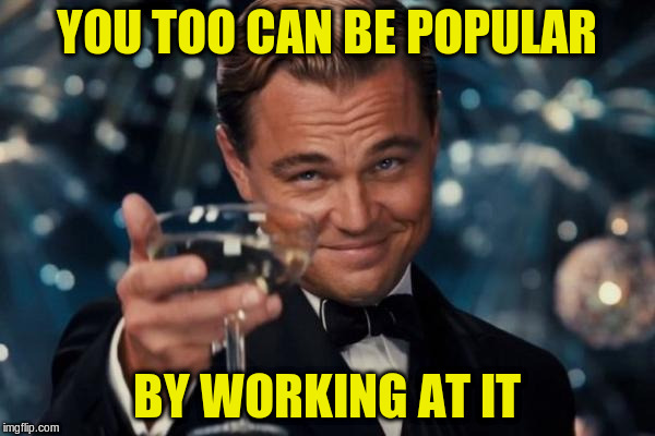 Leonardo Dicaprio Cheers Meme | YOU TOO CAN BE POPULAR BY WORKING AT IT | image tagged in memes,leonardo dicaprio cheers | made w/ Imgflip meme maker