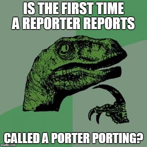 Philosoraptor Meme | IS THE FIRST TIME A REPORTER REPORTS; CALLED A PORTER PORTING? | image tagged in memes,philosoraptor | made w/ Imgflip meme maker