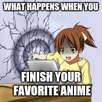Anime wall punch | WHAT HAPPENS WHEN YOU; FINISH YOUR FAVORITE ANIME | image tagged in anime wall punch | made w/ Imgflip meme maker