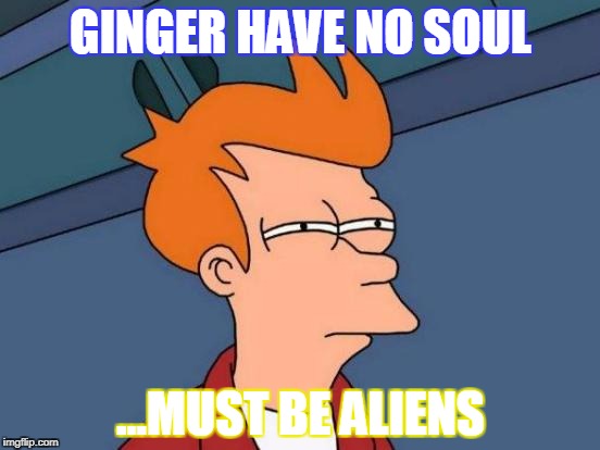 Futurama Fry Meme | GINGER HAVE NO SOUL; ...MUST BE ALIENS | image tagged in memes,futurama fry | made w/ Imgflip meme maker