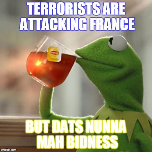 But That's None Of My Business Meme | TERRORISTS ARE ATTACKING FRANCE; BUT DATS NUNNA MAH BIDNESS | image tagged in memes,but thats none of my business,kermit the frog | made w/ Imgflip meme maker