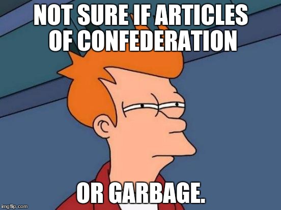 Futurama Fry Meme | NOT SURE IF ARTICLES OF CONFEDERATION; OR GARBAGE. | image tagged in memes,futurama fry | made w/ Imgflip meme maker