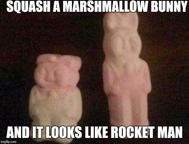 Rocket man, I mean marshmallow man | SQUASH A MARSHMALLOW BUNNY; AND IT LOOKS LIKE ROCKET MAN | image tagged in rocket man | made w/ Imgflip meme maker