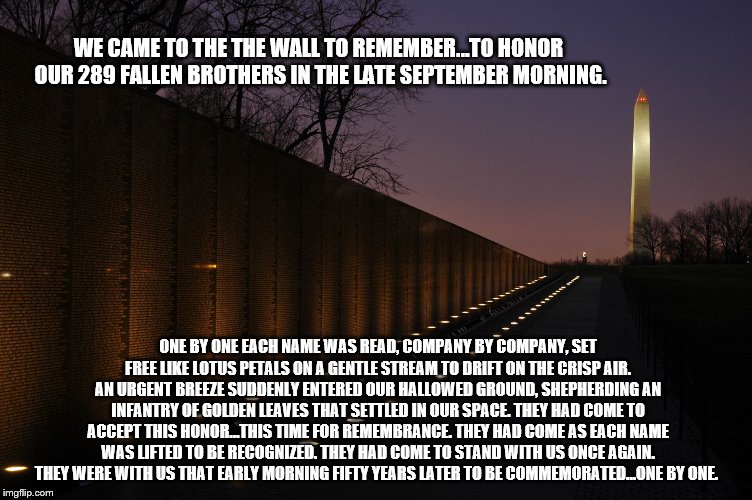 Memoriam | WE CAME TO THE THE WALL TO REMEMBER…TO HONOR OUR 289 FALLEN BROTHERS IN THE LATE SEPTEMBER MORNING. ONE BY ONE EACH NAME WAS READ, COMPANY BY COMPANY, SET FREE LIKE LOTUS PETALS ON A GENTLE STREAM TO DRIFT ON THE CRISP AIR. AN URGENT BREEZE SUDDENLY ENTERED OUR HALLOWED GROUND, SHEPHERDING AN INFANTRY OF GOLDEN LEAVES THAT SETTLED IN OUR SPACE. THEY HAD COME TO ACCEPT THIS HONOR…THIS TIME FOR REMEMBRANCE. THEY HAD COME AS EACH NAME WAS LIFTED TO BE RECOGNIZED. THEY HAD COME TO STAND WITH US ONCE AGAIN. THEY WERE WITH US THAT EARLY MORNING FIFTY YEARS LATER TO BE COMMEMORATED…ONE BY ONE. | image tagged in memoriam | made w/ Imgflip meme maker