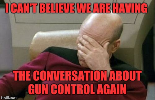 Is either side even listening to eachother anymore?  | I CAN'T BELIEVE WE ARE HAVING; THE CONVERSATION ABOUT GUN CONTROL AGAIN | image tagged in memes,captain picard facepalm,gun control,las vegas,nevada | made w/ Imgflip meme maker