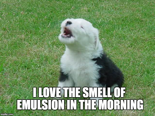 Love the smell | I LOVE THE SMELL OF EMULSION IN THE MORNING | image tagged in love the smell,sheepdog,decorating,dulux dog,wee cute puppy go aww | made w/ Imgflip meme maker