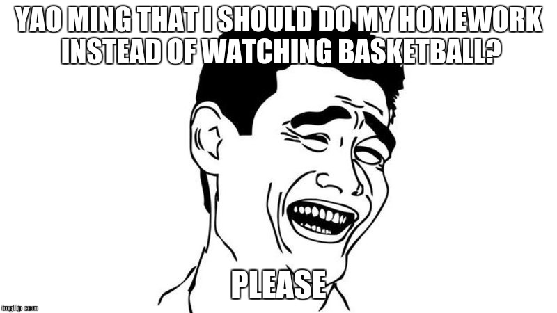 YAO MING THAT I SHOULD DO MY HOMEWORK INSTEAD OF WATCHING BASKETBALL? PLEASE | image tagged in memes,funny,cats,dogs,yao ming,please | made w/ Imgflip meme maker